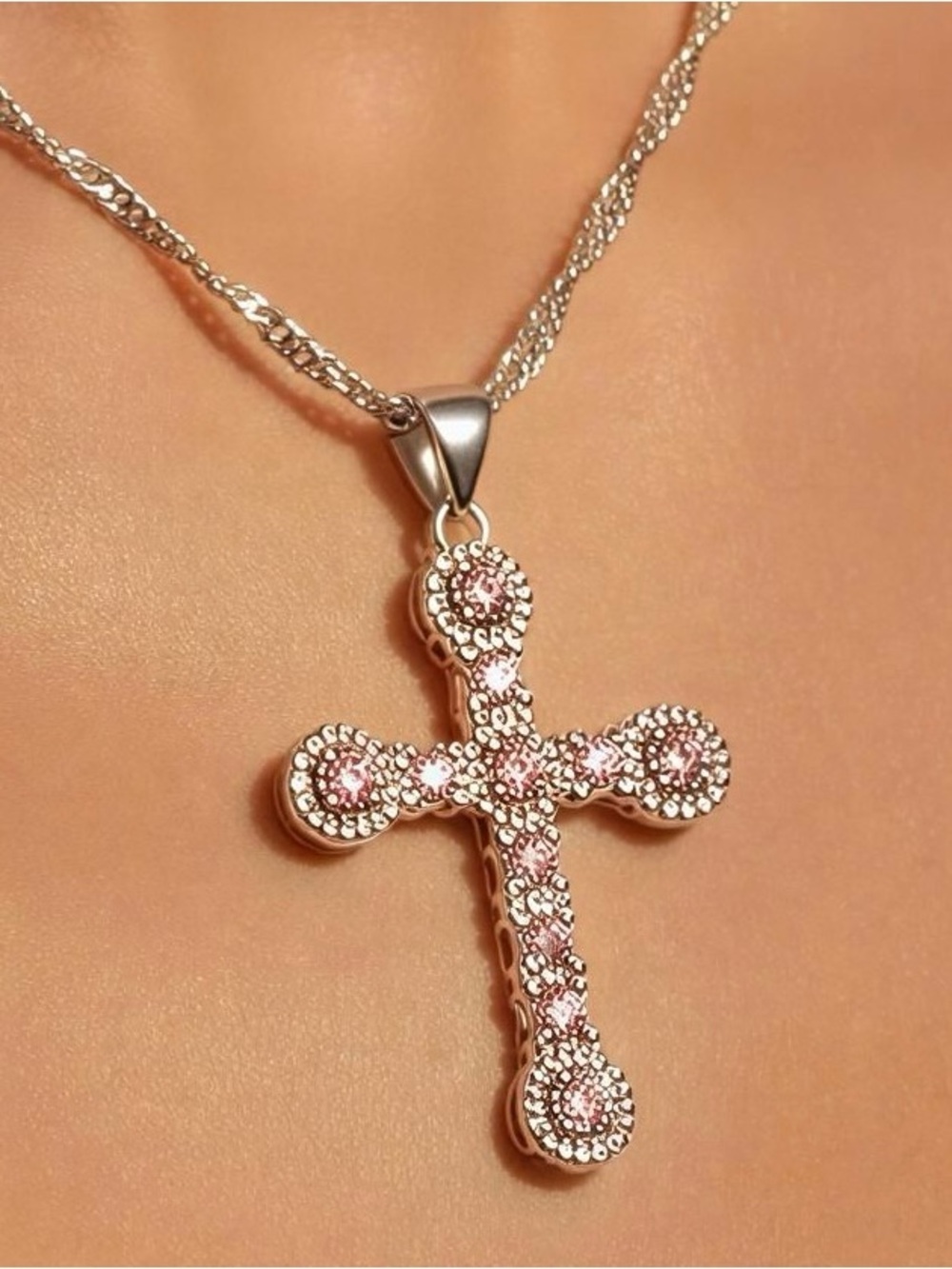 925 Sterling Silver Cross Pendant Necklace with Pink and white Crystals